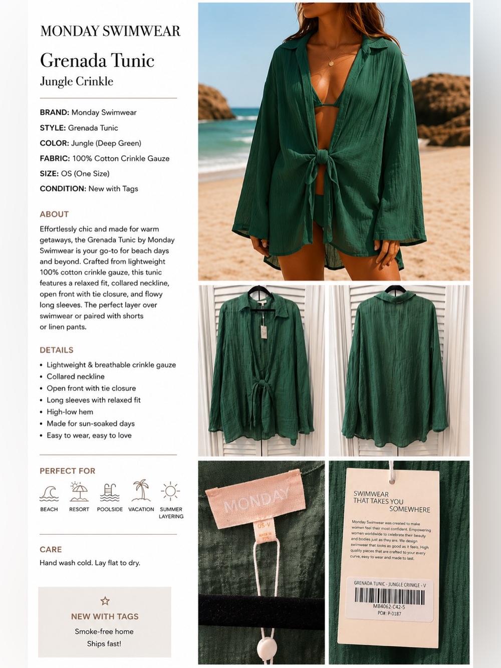 NWT Monday Swimwear Grenada Tunic Jungle Crinkle Tie Front Beach Cover Up